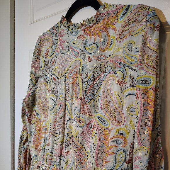 Boston Proper Paisley Bell Sleeves Metallic Threaded Mini Dress Smocked Waist - Picture 9 of 14